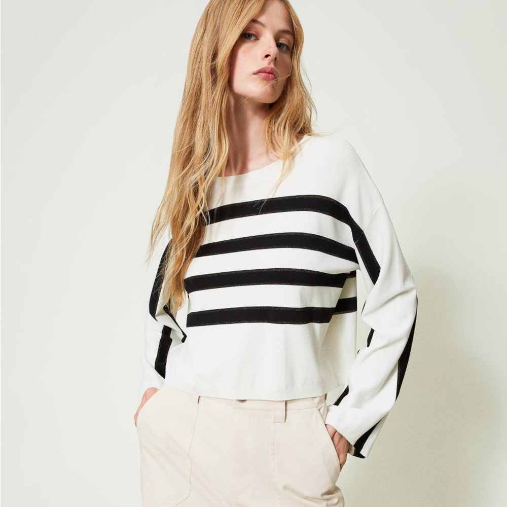 Melanie Lyne Striped Lurex Stretch Viscose Knit Sweater Jumper XS